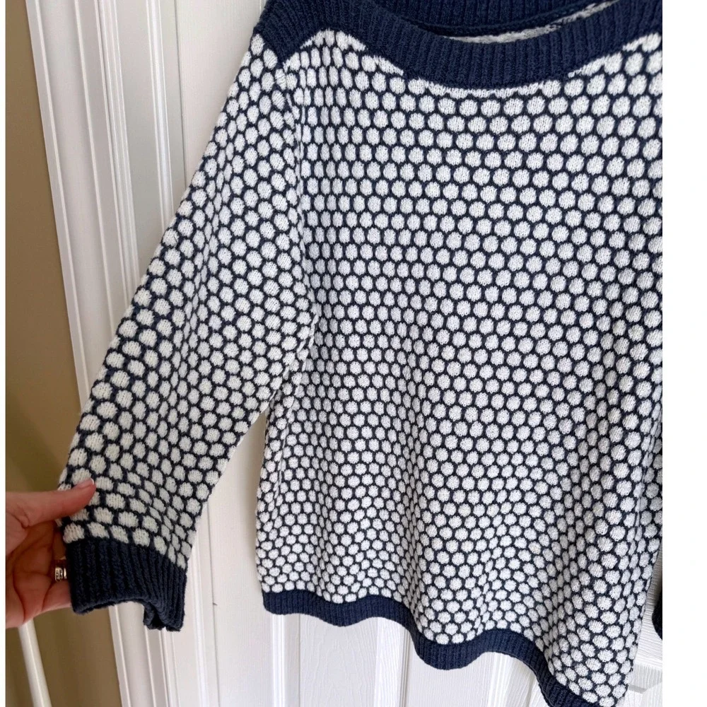 LOFT Blue White Honeycomb Textured Knit Boat Neck Sweater XL 3/4 Sleeve Like New